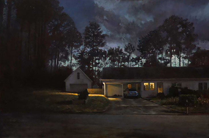 betvictro伟德体育黑暗的画在夜晚的一个家，在一个深蓝色的天空下，柔和发光的云