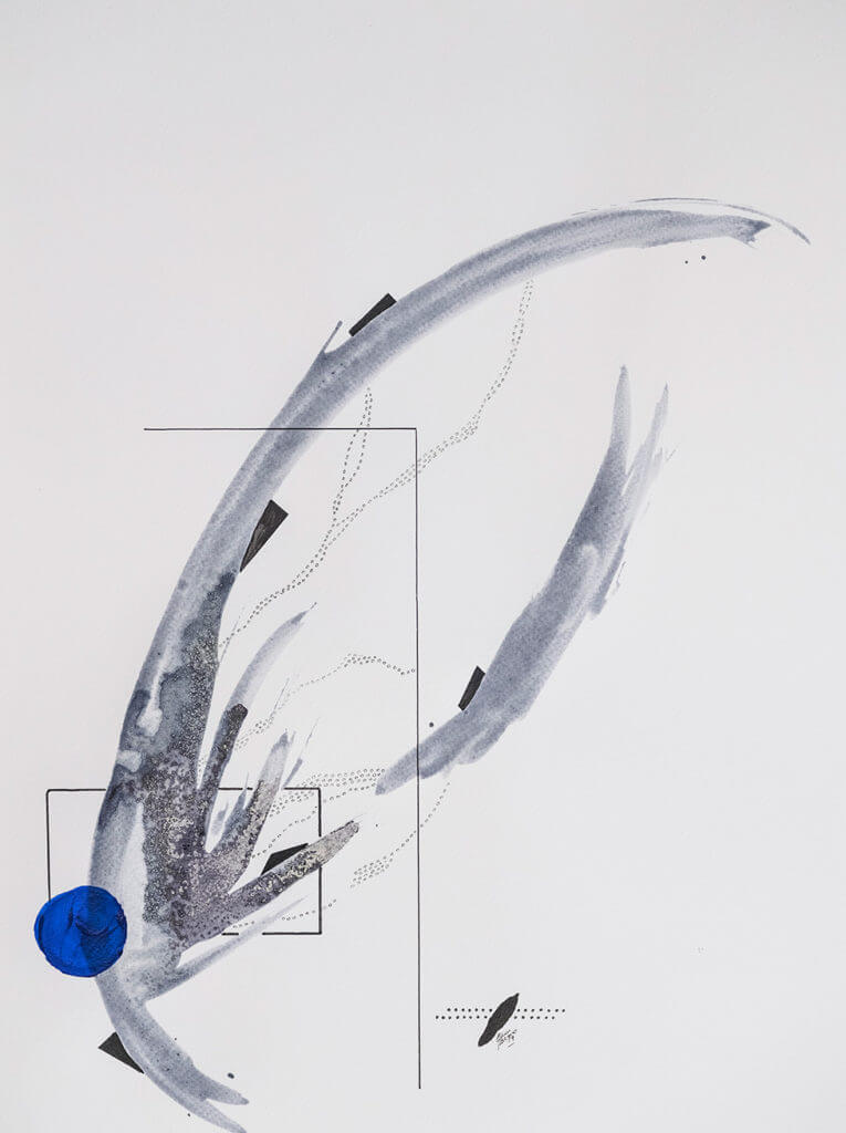 betvictro伟德体育艾莉森·比尼翁(Alison Bignon)的抽象画，蓝色圆点和不断增长的灰色线条