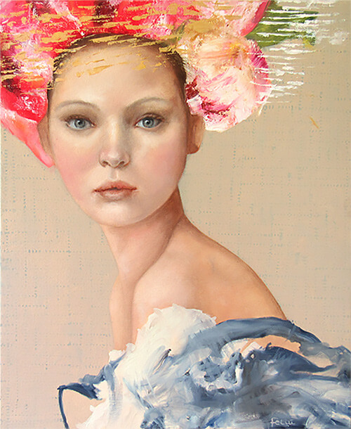 betvictro伟德体育空灵的肖像画一个女人与花卉头饰和露肩蓝色连衣裙
