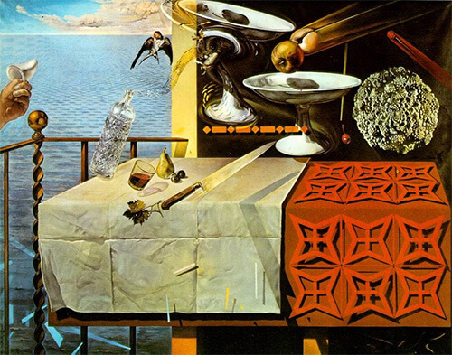 betvictro伟德体育萨尔瓦多·达利的超现实主义画作《静物-快速移动》，展示了桌子上方漂浮的物体。