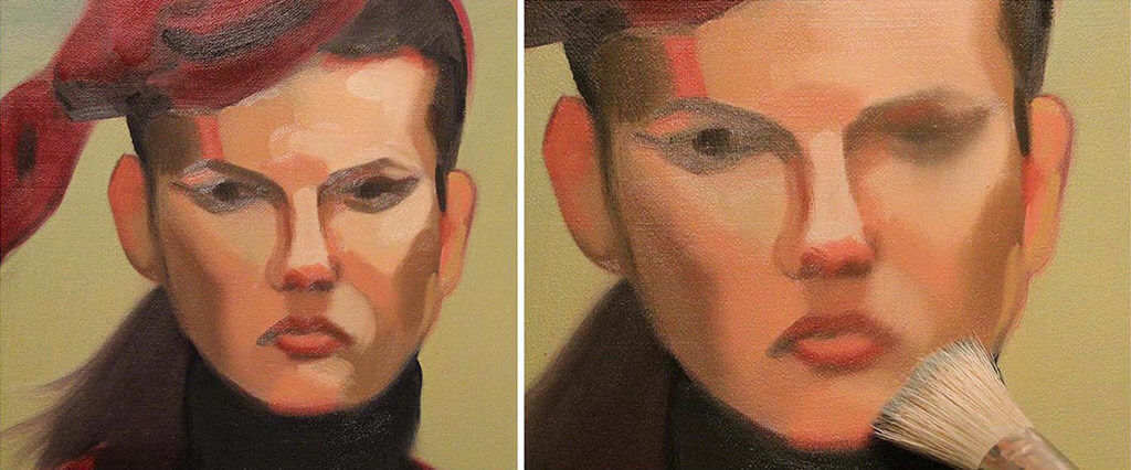 Unfinished painting without blurring on the left, with a blurred example on the right
