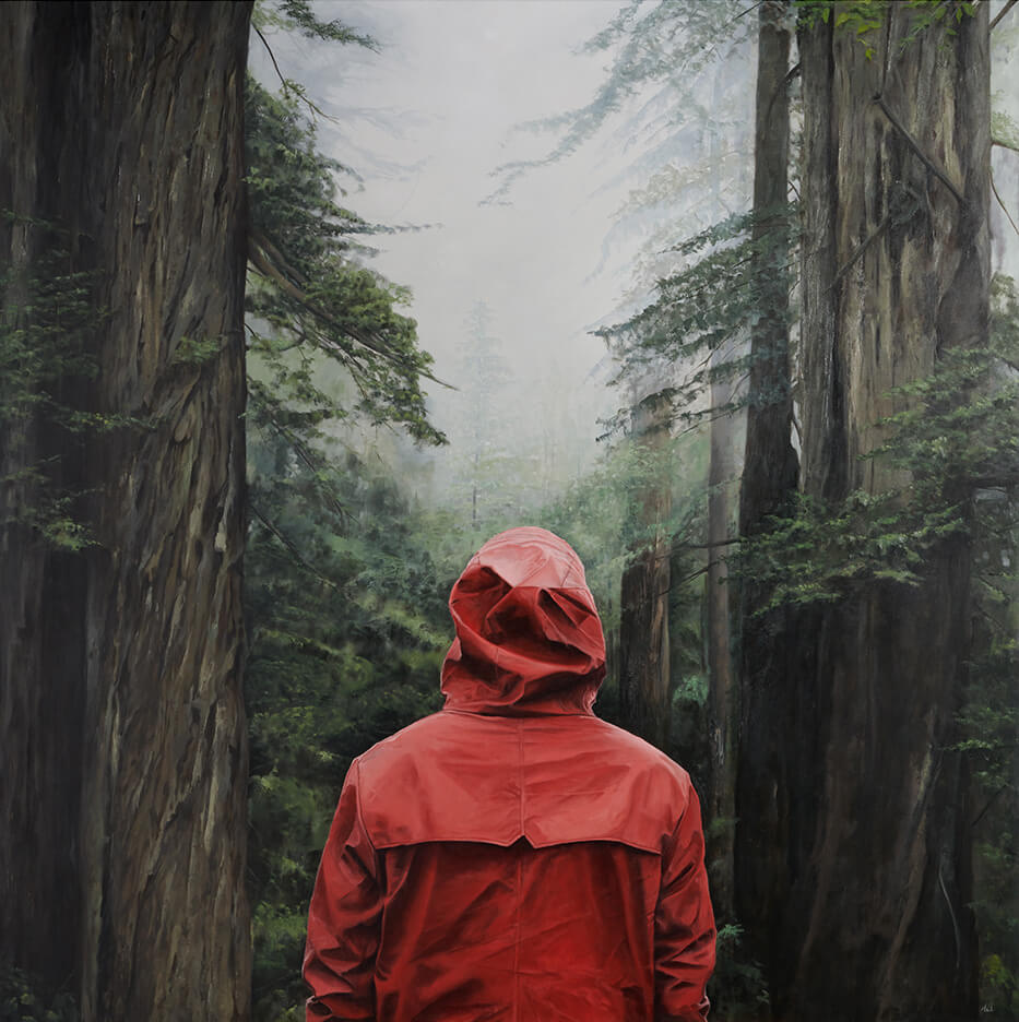 betvictro伟德体育一个穿着红色雨衣的身影凝视着雾气蒙蒙的森林